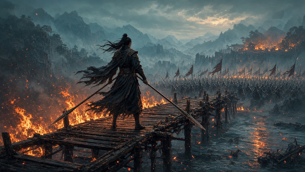 Where Winds Meet Hutuo: Ein Wuxia-Kämpfer mit zwei Speeren steht auf einer brennenden Holzbrücke über einem Fluss, im Hintergrund rückt eine Armee an