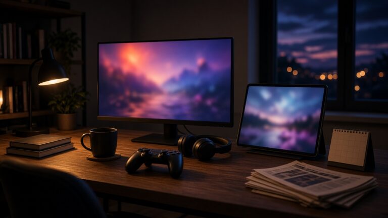 Gaming News Woche KW 43: Gaming-Schreibtisch am Abend mit Monitor, Tablet, Controller, Kopfhörern und Zeitungsstapel