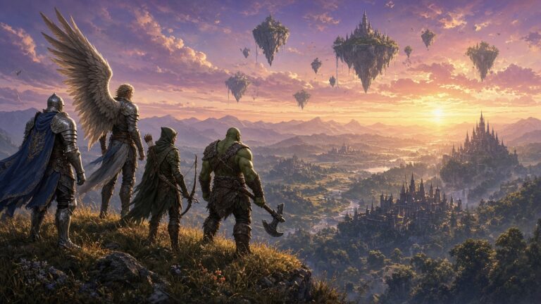 Vier Fantasy-Helden, darunter ein geflügelter Held, ein Ritter, eine Elfe und ein Orc, blicken bei Sonnenuntergang über eine Welt mit Burgen und schwebenden Inseln