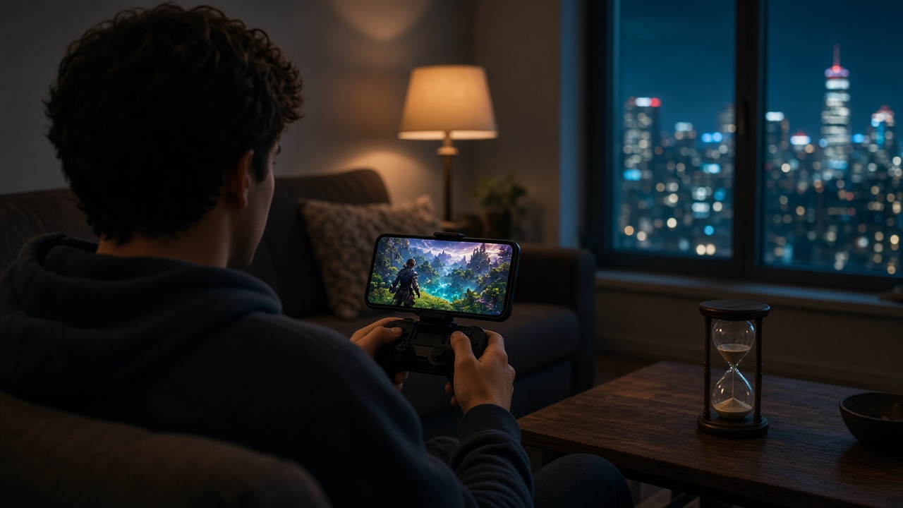 Xbox Cloud Gaming ohne Game Pass: Spieler streamt abends auf dem Sofa ein Spiel aufs Smartphone am Controller, daneben eine Sanduhr.