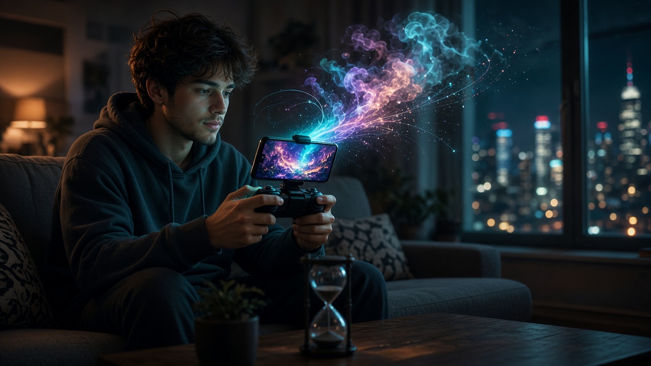 Xbox Cloud Gaming ohne Game Pass: Spieler streamt abends auf dem Sofa ein Spiel aufs Smartphone, daneben eine Sanduhr