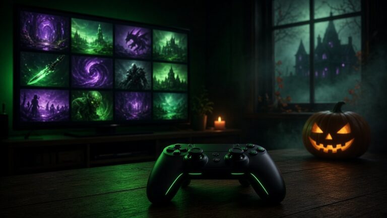 Xbox Game Pass Oktober: Controller mit grüner Beleuchtung vor einem Fernseher mit Spielekacheln, daneben ein Halloween-Kürbis und ein Spukhaus im Fenster