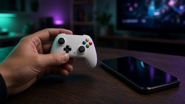 Kleiner weißer Xbox Nano Controller in der Hand neben einem Smartphone im neonbeleuchteten Wohnzimmer