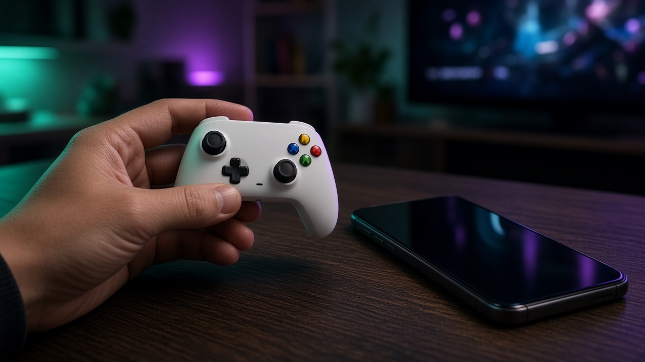 Kleiner weißer Xbox Nano Controller in der Hand neben einem Smartphone im neonbeleuchteten Wohnzimmer